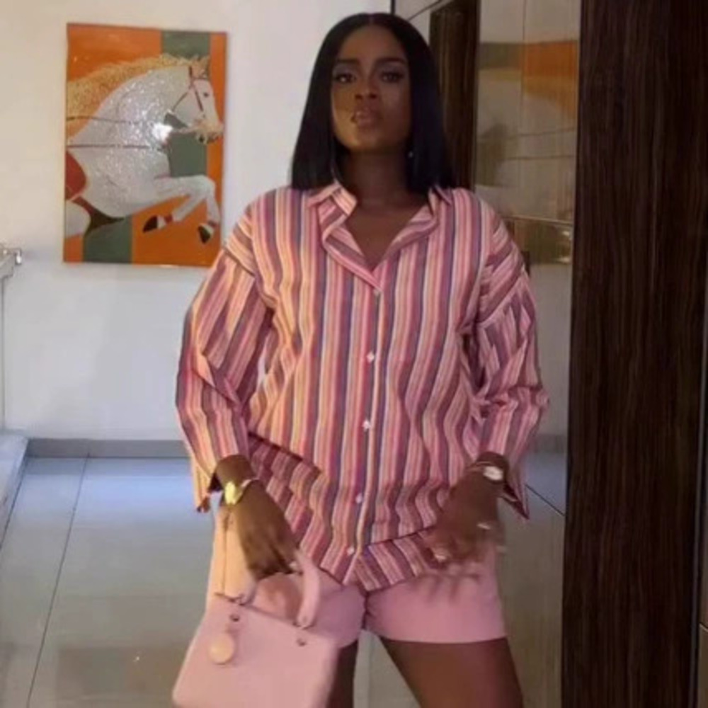 ZARA Womens Loose Fit Cardigan Pink Stripe Shirt African Shorts Set